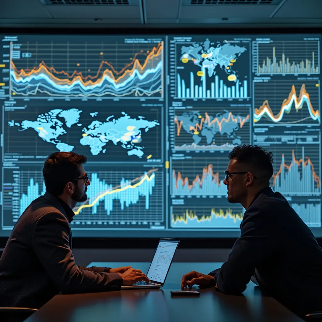 Consultores analizando datos en pantalla grande