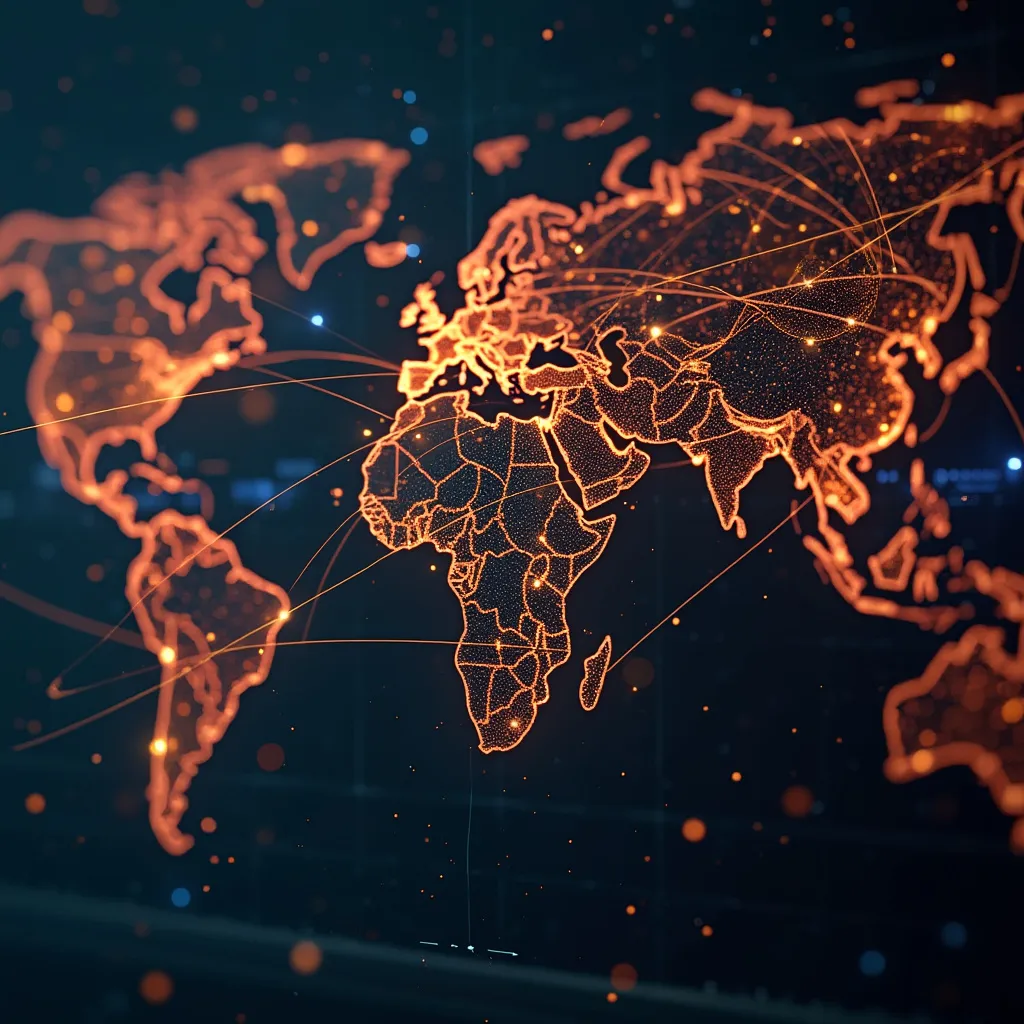 Mapa del mundo digital con conexiones destacando tendencias globales
