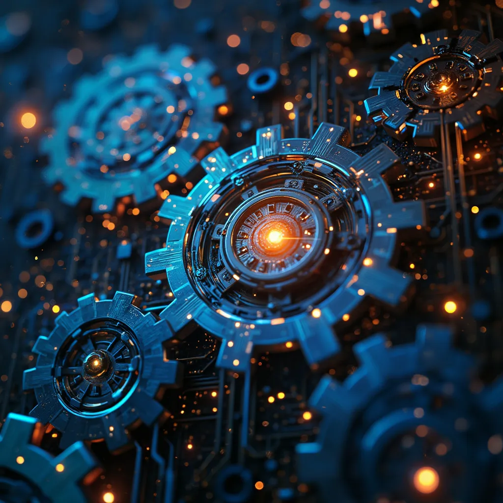 Representación abstracta de innovación tecnológica con engranajes y circuitos